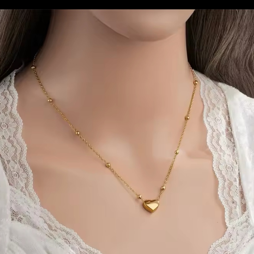 New 14K Gold Plated Over Stainless Steel Heart & beads Necklace